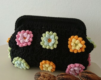 Colorful Granny Square Crochet Clasp Clutch and Crossbody bag, 2 in 1 bag,All Day Toiletry Pouch in Boho Style