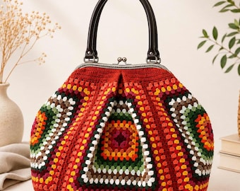 Crochet Granny Square Bag, Handmade Boho Shoulder Bag, Colorful Knit Tote, Vintage Style Purse, Poppins Bag, Gift for Her