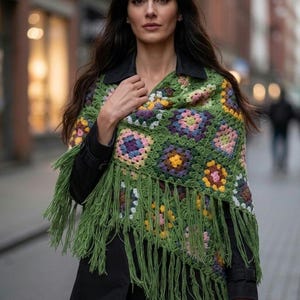 Green color crochet shawl, grannysquare shawl, colorful lace shawl, thick shawl, tasseled triangle shawl