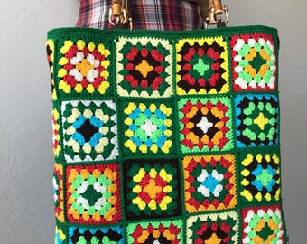 Colorful Granny Square Tote Bag With Crochet Real Bamboo