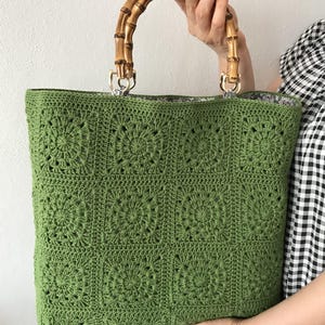 Colorful Granny Square Tote Bag with Crochet Real Bamboo Handle, top handle lined crochet bag