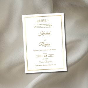 Bewerkbare digitale moslimbruiloft, Nikkah, Walimah-uitnodigingssjabloon elegant wit en goud