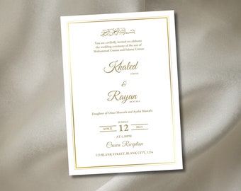 Editable Digital Muslim Wedding, Nikkah, Walimah Invitation Template Elegant White and Gold