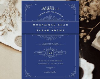 Vintage Royal Blue Editable Digital Muslim Wedding, Nikkah, Walimah Invitation Template, Nikkah, Walimah invitation template