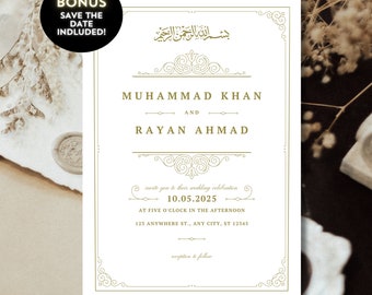 Vintage White and Gold Editable Digital Muslim Wedding, Nikkah, Walimah Invitation Template, Nikkah, Walimah invitation template