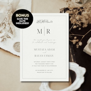 Vintage bearbeitbare digitale muslimische Hochzeit, Nikkah, Walimah Einladungsvorlage, islamische Hochzeitseinladung, Verlobung, Bismillah Vers