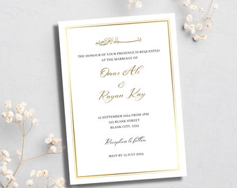 Editable Digital Muslim Wedding, Nikkah, Walimah Invitation Template White and Gold Elegant