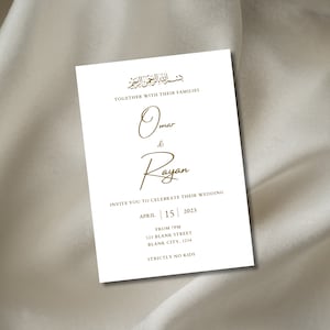 Minimale esthetische bruiloft, Nikkah, Walimah uitnodigingssjabloon Wit en goud elegant - bewerkbare digitale sjabloon
