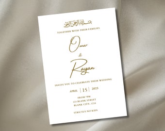 Minimal Aesthetic Wedding, Nikkah, Walimah Invitation Template White and Gold Elegant - Editable Digital Template