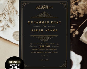 Vintage Black and Gold Editable Digital Muslim Wedding, Nikkah, Walimah Invitation Template, Nikkah, Walimah invitation template, Elegant