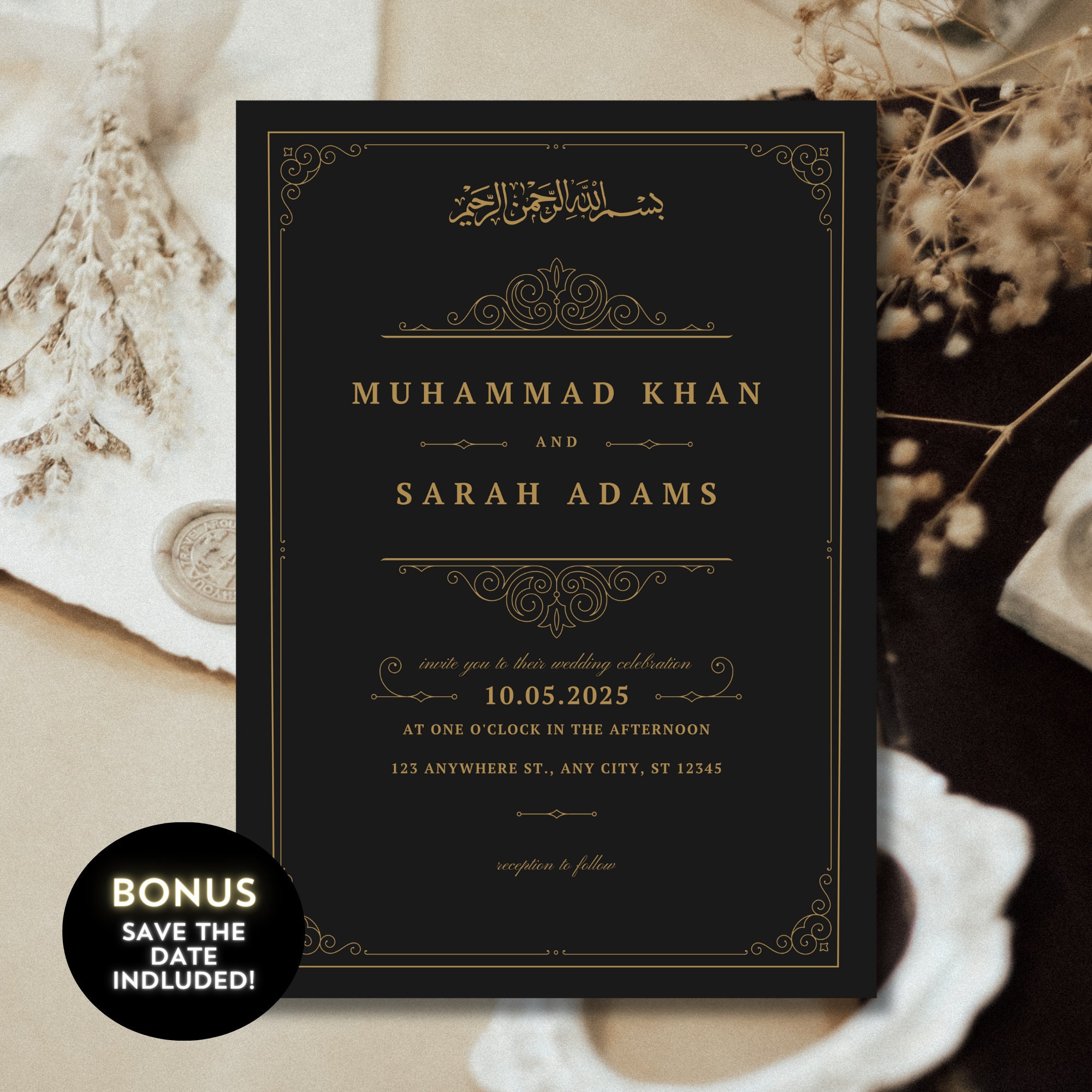 その他 Invitation Vintage Black and Gold Editable Digital Muslim Wedding, Nikkah