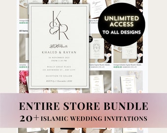 20+ Digital Islamic Wedding Invitations, BUNDLE, LIFETIME ACCESS to all Designs, Editable Digital Muslim Wedding Template , Nikkah