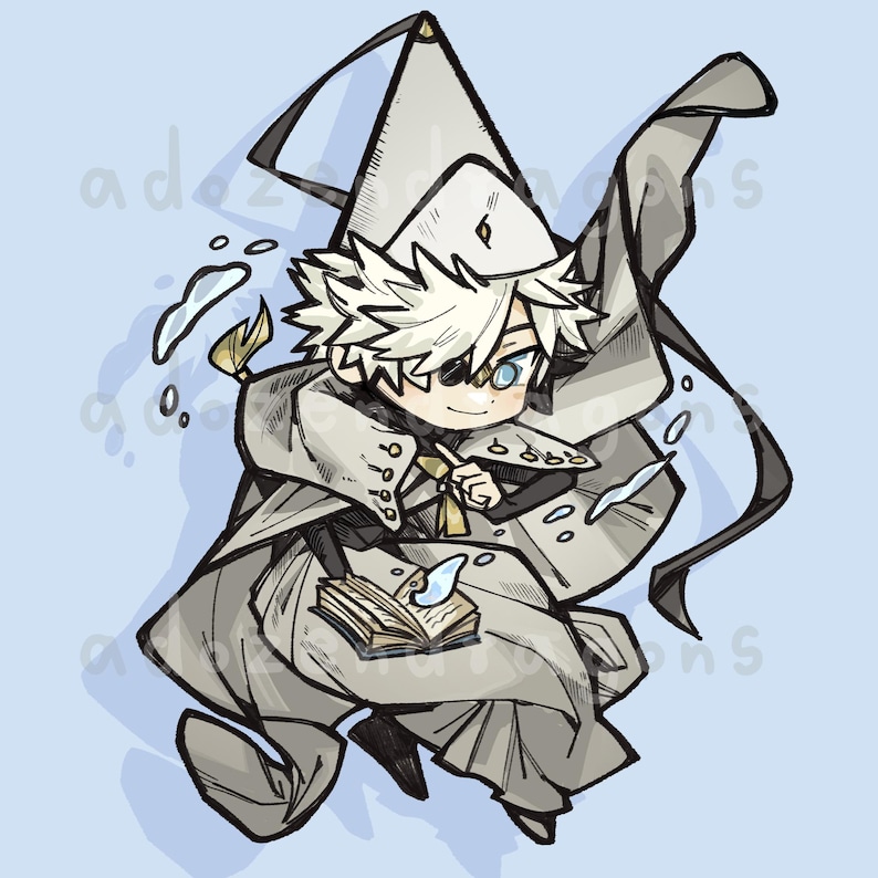 Peut inclure: Illustration de personnage de dessin anim&eacute; en robe et chapeau blancs, avec un cache-&oelig;il noir et des cheveux blancs h&eacute;riss&eacute;s. Le personnage tient un livre et une croix dor&eacute;e. L'image a un fond bleu clair et le texte "adozations" est visible.