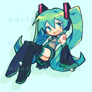 May include: Illustration of a cartoon character with turquoise hair in pigtails, wearing a black and teal outfit. The character has a small smile and is holding up a hand with the number "01" on it. The background is a light blue.