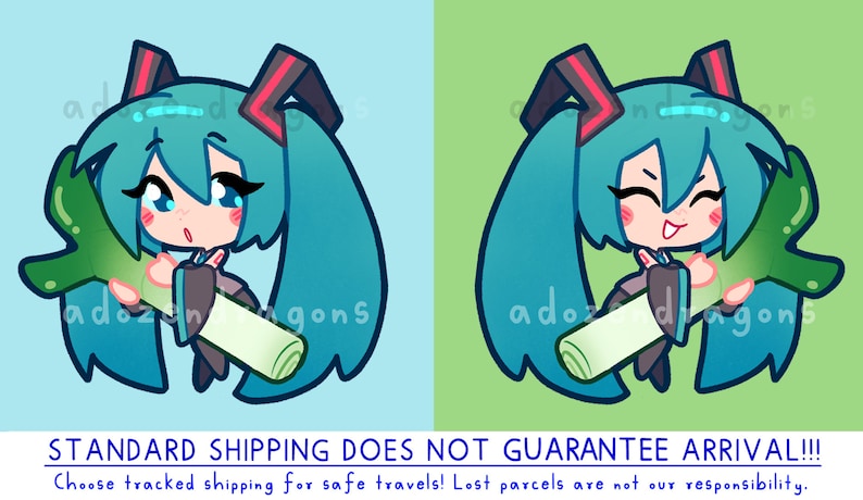 May include: Two cartoon illustrations of a character with teal hair and eyes, holding a green vegetable and a scroll. The background is split, with one side blue and the other green. The text "adoz dragons" is repeated. The image is of a character from a popular anime.