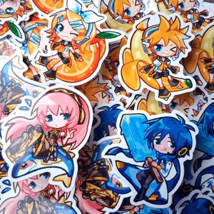 May include: A collection of colorful anime-style stickers featuring various characters. The stickers showcase characters with orange, pink, and blue hair, each with unique outfits and accessories. Some characters are depicted with fruit.