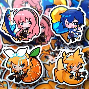 May include: A selection of colourful anime-style stickers. The stickers depict cartoon characters with large eyes and vibrant hair, each paired with a unique food item such as fish, ice cream, and fruit. The stickers are outlined in black.