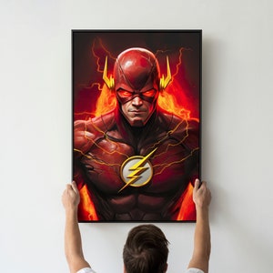 Op de afbeelding: Een digitale illustratie van The Flash, een superheld met een rood en geel kostuum, staand voor een rode en gele achtergrond. The Flash heeft een bliksem symbool op zijn borst.