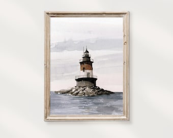 May include: A watercolor painting of a lighthouse on a rocky island. The lighthouse is white with a red roof and a black lantern. The water is a light blue color and the sky is a light gray color.