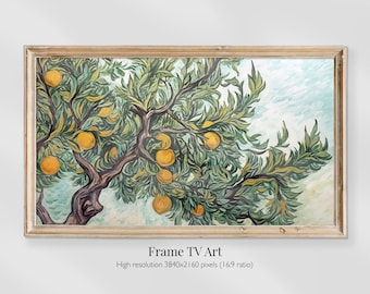 Könnte beinhalten: Ein Gemälde eines Baumes mit grünen Blättern und gelben Orangen. Der Baum ist in einem stilisierten, fast abstrakten Stil gemalt, mit dicken Pinselstrichen und leuchtenden Farben. Der Hintergrund ist ein hellblauer Himmel.
