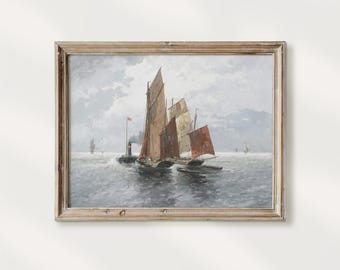 航海用帆船プリント、男の子の部屋の壁飾り、ビンテージ海洋絵画の印刷可能なデジタルダウンロードポスター、ビーチハウスのギフトアイデア #0100