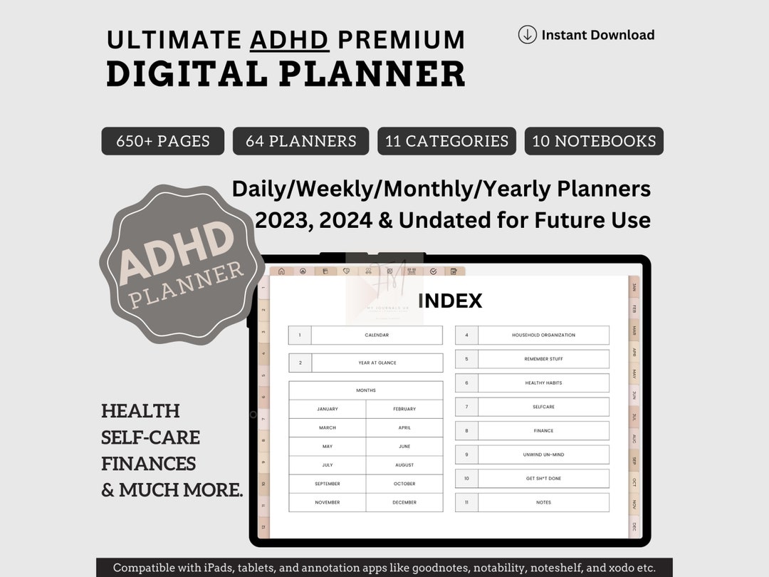 ADHD Digital Planner Adults 2024 Goodnotes Hyperlinked Daily Monthly ...