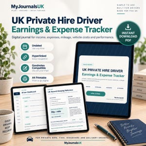 May include: A digital UK Private Hire Driver Earnings & Expense Tracker displayed on two tablets. The screen shows sections for income, expenses, mileage, and vehicle costs. Text includes MyJournalsUK, Driver Dashboard, and UK Record-Keeping Reference.
