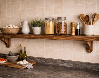 Estante flotante de nogal con cantos vivos y ménsulas, resistente