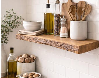 Solid Live Edge Floating Shelves for Wall, Living Room, Bathroom Shelves Wall Mounted, Rich Wood Grain, Natural Knots, Floating Shelf