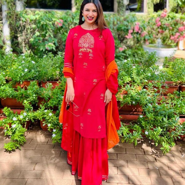 Rayon readymade kurti red shade and cream with allover prints & kantha stitch work neck pattern and straight cut pant main image 0