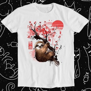Sloth Red Sun Sakura Japanese Tree Cartoon Animal Manga Music Funny Art Drawing Gamer Anime Cult Meme Movie Gift Top Tee T Shirt 1148