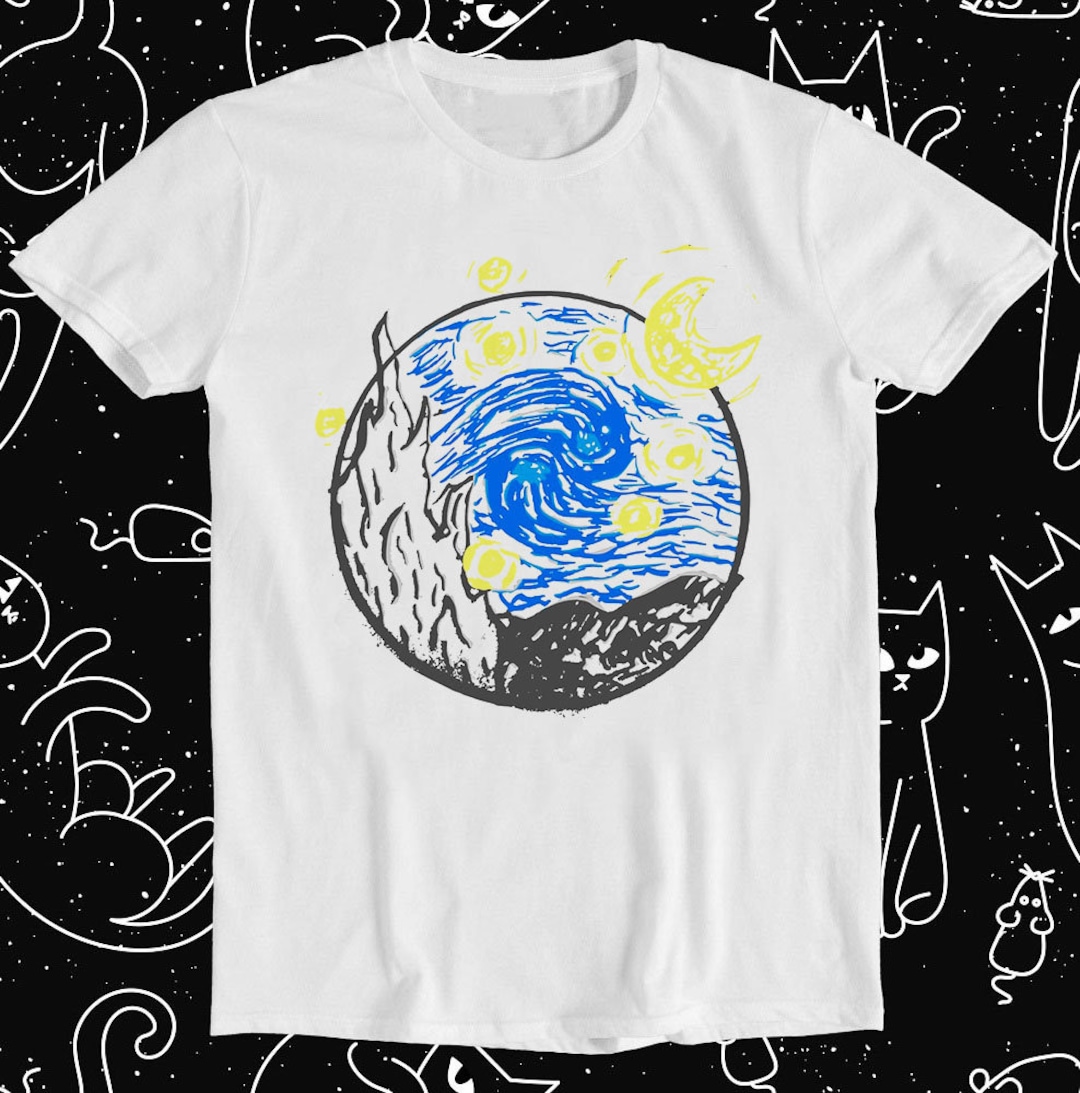 Van Gogh Starry Night Art Cartoon Retro Funny Meme Gift Tee T Shirt ...
