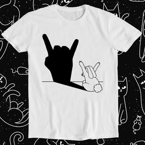 Kaninchen Rock and Roll Hand Schatten Meme Stil Unisex Gamer Film Musik Top Herren Damen Erwachsene Geschenk Lustig T-Shirt 854