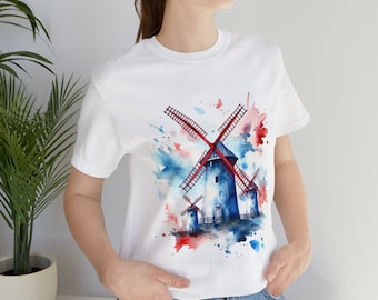 Unisex Jersey T-shirt met korte mouwen Dutch Windmill Design Rood, Wit, Blauw, Aquarel