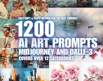 May include: A collage of images showcasing 1200 AI art prompts for Midjourney and Dalle-3, covering over 12 categories. The text "EASY COPY & PASTE METHOD FOR THE BEST PRODUCT" is at the top of the image. The number "1200" is in large white font in the center of the image. The text "AI ART PROMPTS" is in large white font below the number. The text "MIDJOURNEY AND DALLE-3" is in large white font below the text "AI ART PROMPTS". The text "COVERS OVER 12 CATEGORIES" is in large white font below the text "MIDJOURNEY AND DALLE-3".