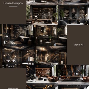 Pu&ograve; includere: Un collage di immagini che mostrano idee di design d'interni per una casa moderna. Le immagini presentano uno schema di colori nero e oro con accenti di marmo. Le stanze includono un soggiorno, un bagno e un ufficio a casa.