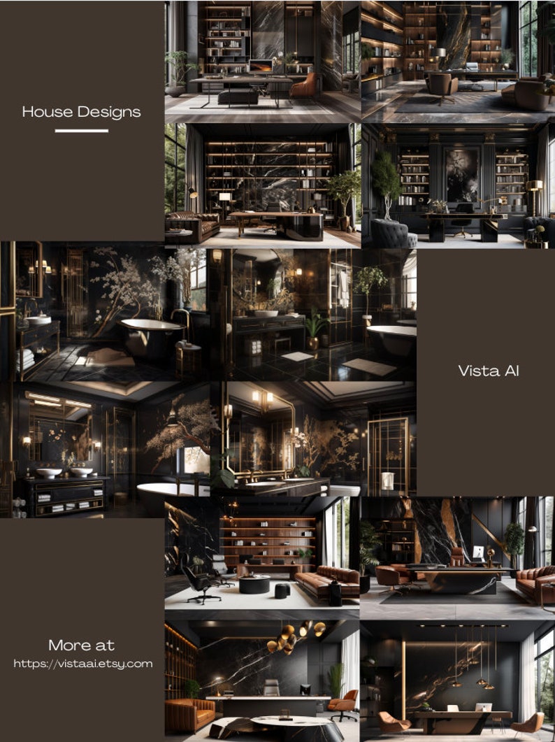 Pu&ograve; includere: Un collage di immagini che mostrano idee di design d'interni per una casa moderna. Le immagini presentano uno schema di colori nero e oro con accenti di marmo. Le stanze includono un soggiorno, un bagno e un ufficio a casa.