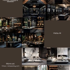 Pu&ograve; includere: Un collage di immagini che mostrano progetti di case moderne. Le immagini presentano una cucina nera e dorata, un soggiorno con camino e una cabina armadio. Il testo "House Designs" e "Vista AI" &egrave; visibile nell'immagine.
