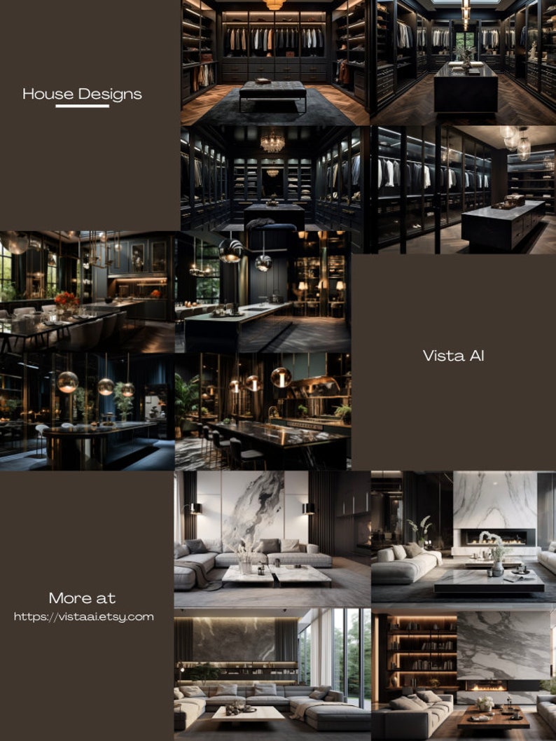 Pu&ograve; includere: Un collage di immagini che mostrano progetti di case moderne. Le immagini presentano una cucina nera e dorata, un soggiorno con camino e una cabina armadio. Il testo "House Designs" e "Vista AI" &egrave; visibile nell'immagine.