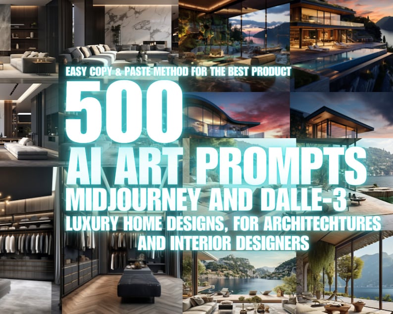 Pu&ograve; includere: Un collage di immagini digitali che mostra 500 prompt di arte AI per Midjourney e DALL-E 3. I prompt sono progettati per progetti di case di lusso e sono ideali per architetti e interior designer. L'immagine presenta varie riprese interne ed esterne di case moderne.