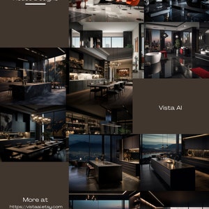 Pu&ograve; includere: Un collage di immagini che mostrano un design d'interni moderno con un'estetica scura ed elegante. Le immagini presentano cucine, bagni e spazi abitativi con armadietti neri, piani di lavoro in marmo e grandi finestre con vista sulla citt&agrave;. Il testo "House Designs" e "Vista AI" &egrave; visibile nell'immagine.
