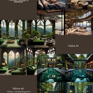 Pu&ograve; includere: Un collage di immagini che mostrano progetti di case moderne con grandi finestre, vegetazione lussureggiante e piscine interne. Le immagini presentano una variet&agrave; di stili architettonici, tra cui contemporaneo, minimalista e tradizionale. Il testo "House Designs" e "Vista.AI" &egrave; visibile nell'immagine. Il testo "More at https://vistaaletsy.com" &egrave; anche visibile nell'immagine.