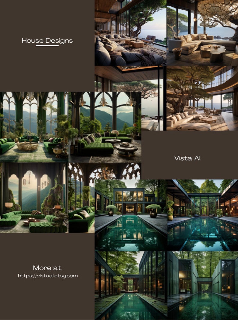 Pu&ograve; includere: Un collage di immagini che mostrano progetti di case moderne con grandi finestre, vegetazione lussureggiante e piscine interne. Le immagini presentano una variet&agrave; di stili architettonici, tra cui contemporaneo, minimalista e tradizionale. Il testo "House Designs" e "Vista.AI" &egrave; visibile nell'immagine. Il testo "More at https://vistaaletsy.com" &egrave; anche visibile nell'immagine.