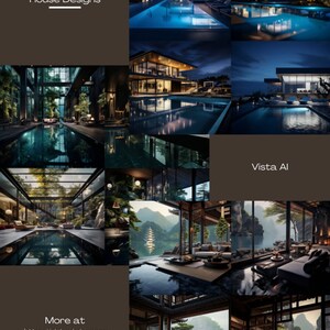 Pu&ograve; includere: Un collage di immagini che mostrano progetti di case moderne con piscine e viste mozzafiato. Le immagini presentano una variet&agrave; di stili architettonici, tra cui contemporaneo, minimalista e tradizionale. Il testo "House Designs" e "Vista AI" &egrave; visibile nell'immagine.