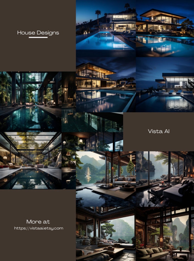 Pu&ograve; includere: Un collage di immagini che mostrano progetti di case moderne con piscine e viste mozzafiato. Le immagini presentano una variet&agrave; di stili architettonici, tra cui contemporaneo, minimalista e tradizionale. Il testo "House Designs" e "Vista AI" &egrave; visibile nell'immagine.