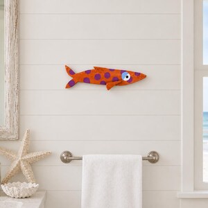 Hand-Painted Colorful Cedar Wooden Fish Wall Hanging: Rustic Coastal Folk Art Decor