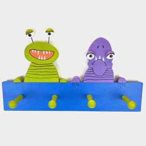 Monsters Aliens Kids Wall Coat Rack for Hanging Items: Hand-Painted Outer Space Theme Decor