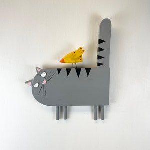 Whimsical Gray Wooden Gray Cat with Yellow Bird Hand-Painted Contemporary Folk Art Original Wood Wall Art Sculpture Home Decor