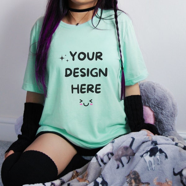 Bella Canvas Mint 3001 Mockup BC 3001 Oversized shirt mock Long dyed Hair model for tshirt Gothic Asian model Punk Aesthetic Women pod mock