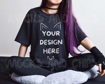 Gildan 5000 Black Mockup G5000 shirt female Oversized mock Dyed Hair Gothic model Women Mock Punk Aesthetic Goth G 5000 t-shirt Cute Mock